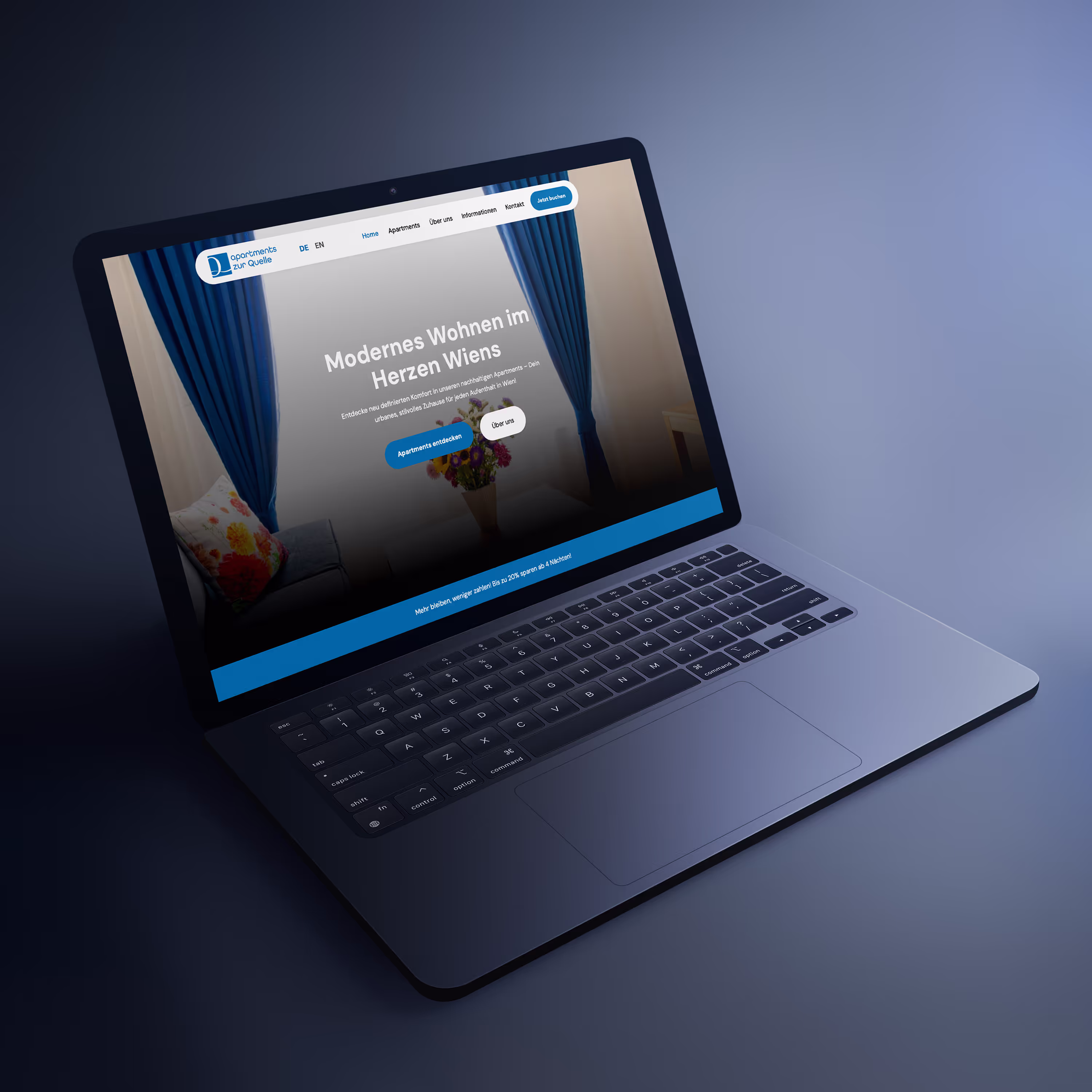 Website von Apartments zur Quelle auf einem Laptop