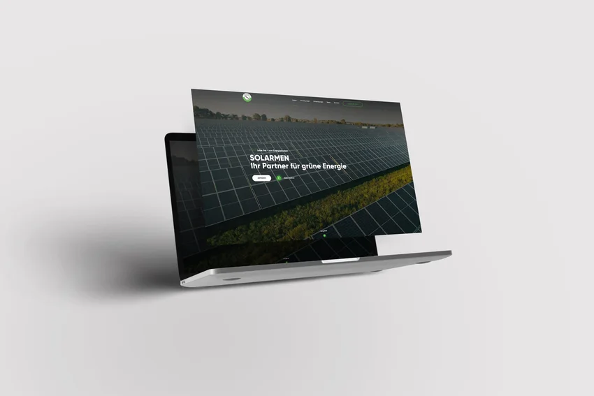 Website-Design für Solarmen, dargestellt auf einem Laptop, zeigt modernes Webdesign für eine Photovoltaikfirma mit Fokus auf grüne Energie.