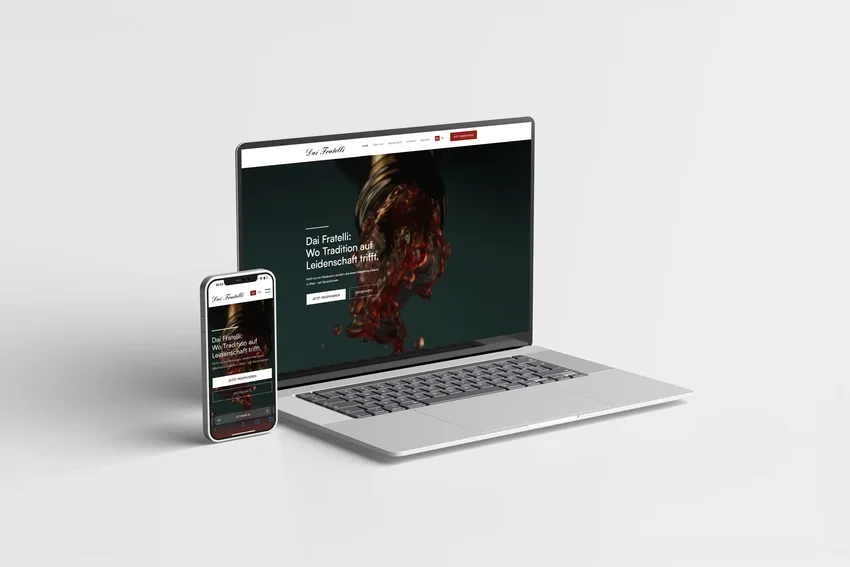 Website-Design von Dai Fratelli, dargestellt auf einem Laptop und Smartphone, zeigt modernes und responsives Webdesign für ein italienisches Restaurant.
