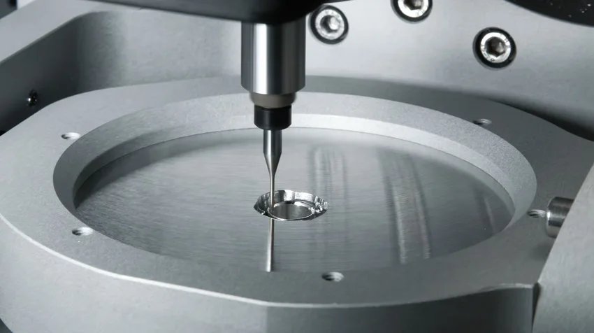 Präzisionsbohrer in Aktion auf einer Metalloberfläche, symbolisiert Hightech-Fertigung und industrielle Präzision.