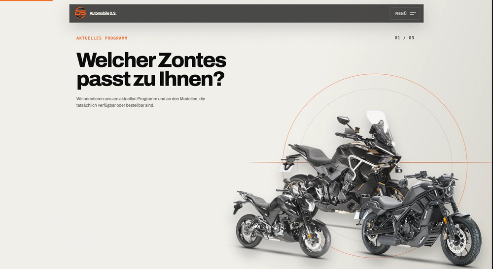 Automobile D.S.: Zontes-Modellübersicht in einer hellen Motorradkomposition.