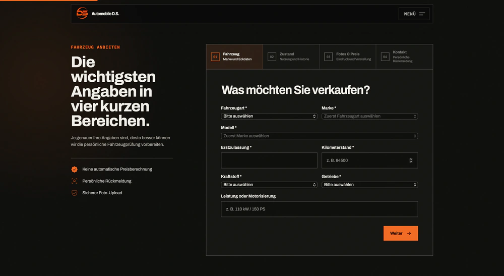 Automobile D.S.: Mehrstufiges Anfrageformular für den Fahrzeugankauf.