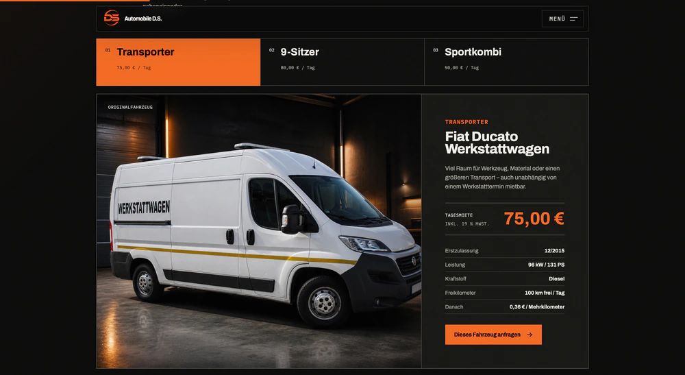 Automobile D.S.: Mietwagen-Auswahl mit Fiat Ducato, Tagespreis, Fahrzeugdaten und Anfrage.