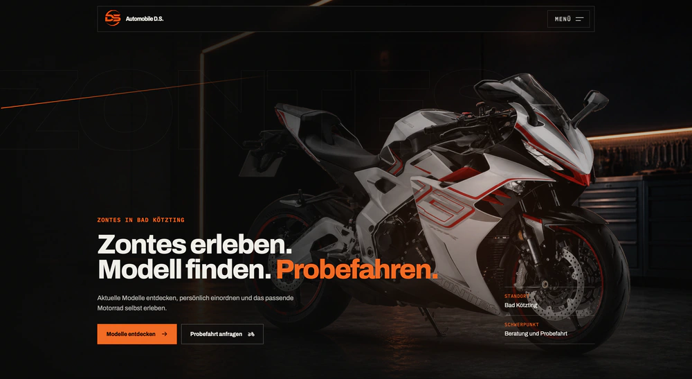 Automobile D.S.: Zontes-Motorrad mit Modell- und Probefahrt-Einstieg.