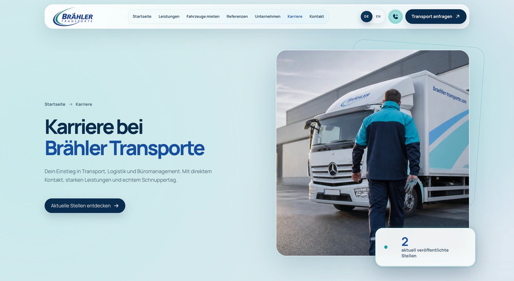 Brähler Transporte: Karriereseite mit Fahrer und Fahrzeug.