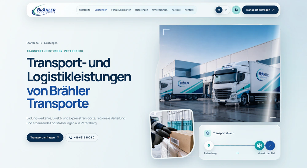 Brähler Transporte: Leistungsseite mit Transport- und Logistikangebot.