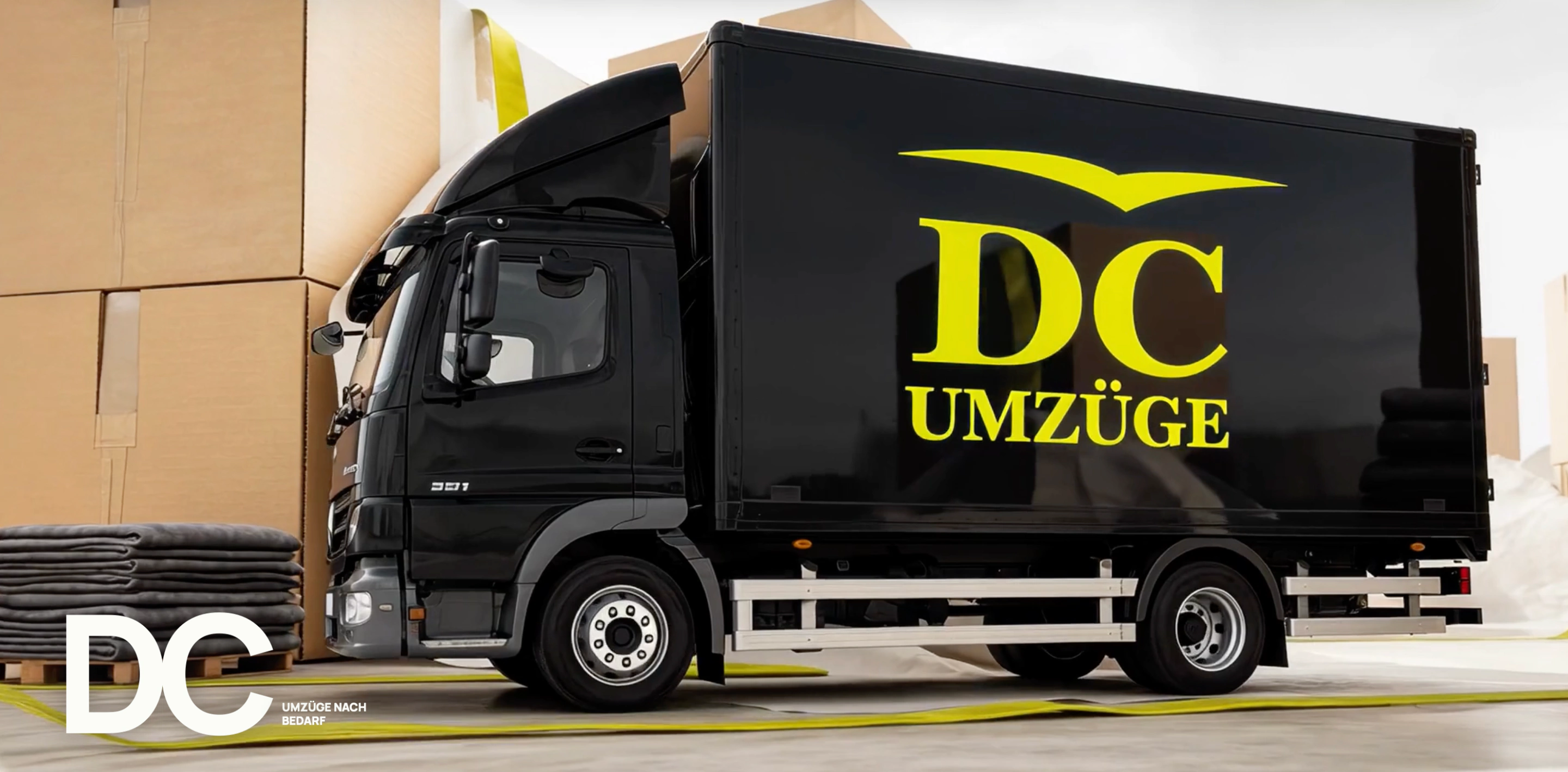 DC Umzüge: Schwarzer Umzugs-LKW mit gelbem DC-Logo.