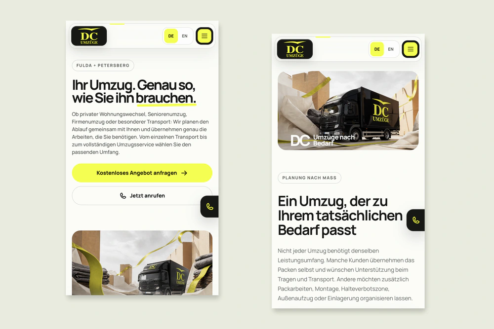 DC Umzüge: Zwei originale mobile Website-Ansichten ohne Browserleisten.