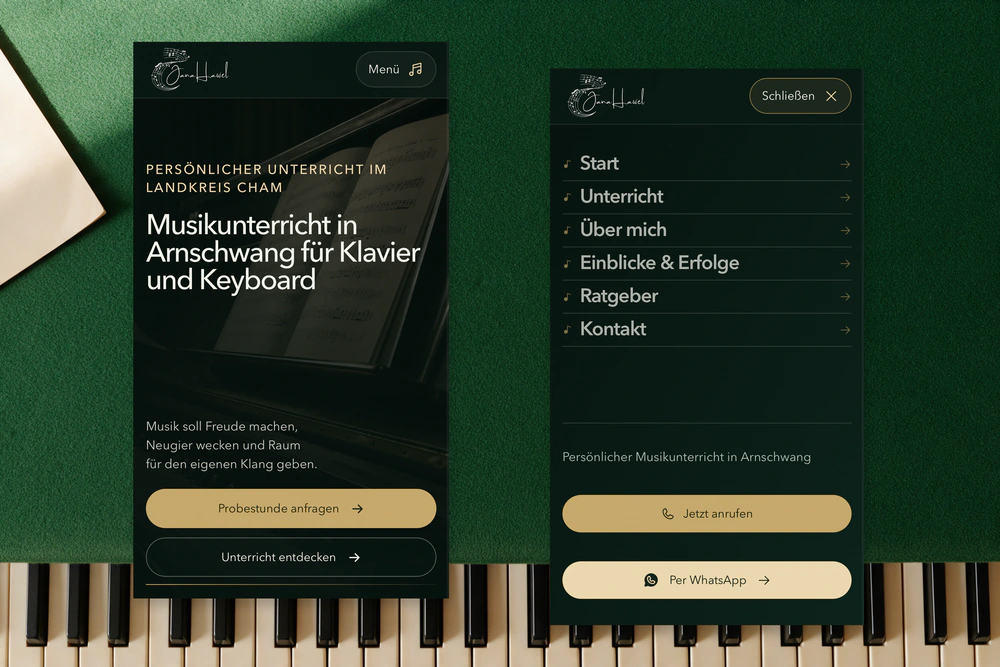 Jana Hawel: Originale mobile Startseite und Navigation auf einer grünen Musikunterlage.