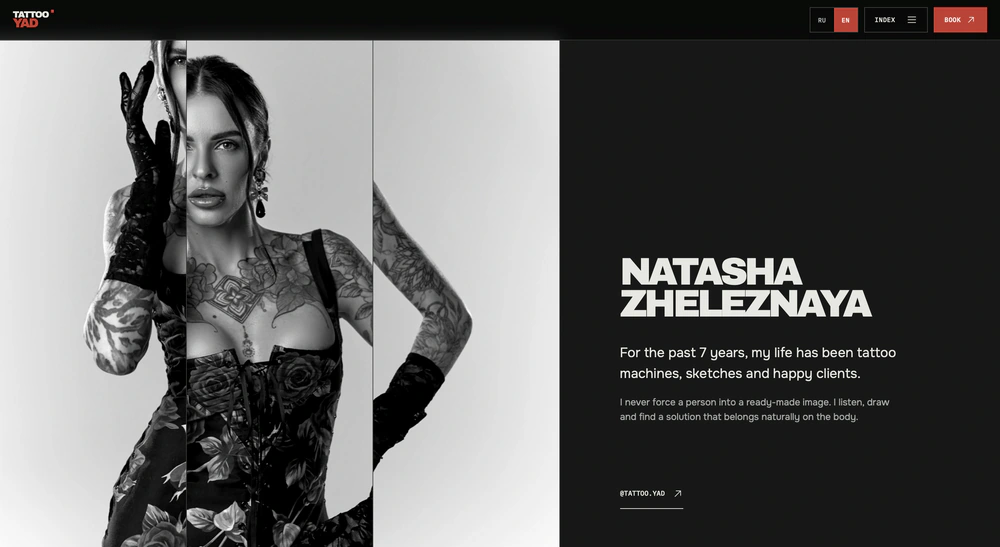 Tattoo YAD: Schwarz-weißes Künstlerinnenporträt und Vorstellung von Natasha.